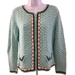 Berek Turquoise Vintage Beaded Embroidered Full Zipper Cardigan Sweater Small